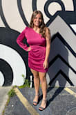 Loved this one shoulder dress my daughter wore for her cousin's wedding. Had to order an XL to fit in the bust and then had the waist altered in to fit better. The color was beautiful. Great material. - Jill B.