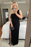 I'm a size 12 and originally purchased an XL to fit my chest area but exchanged it for a large which fit better. The material is thick and very stretchy. I'm 5'2" and wore tall heels, I probably could've had it hemmed 1-1.5" for the best fit but the side slit makes it easier to walk in without feeling like you're tripping over the length. This is a classic shape that you could wear for years. - Alison S.