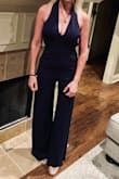 This little jumpsuit is my new favorite. Most things I order from Lulus are small but I got the XS based on reviews and it fits just right. It is bodycon but the material is light and feels good. I got the Navy blue. - Stacey D.