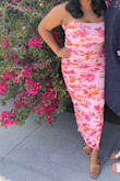 So happy how this dress turned out for a wedding guest this summer. In California at a 90-degree outdoor wedding, this was the perfect vibe at a winery. I was worried it was a little too casual for the dress code but I added jewelry and a statement bag to dress it up and it was great. Got lots of compliments. Doesn't show sweat, is lined enough, works with Spanx, and can wear strapless. Yes, the straps are a little loose and it was a tad large and stretchy on me but I didn't want it to be too bodycon. I'm size XL - 12/14 with a 40E chest and curvy hips and it perfectly hugged me just right. I could have done the Large but decided on XL and it was good. Comfortable enough when sitting down. It's not the same structure as a fitted, tailored dress. It's thin but it worked for me. I wanted to be able to move freely and feel comfortable. It goes pretty much to my ankles full length at 5'3". 10/10 I read all the reviews here before purchasing and did so much research on which Lulus dress to buy. Would recommend. - Zina K.