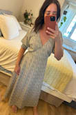 I bought this dress for my sister's baby shower and it is perfect! I had been shopping all around but kept thinking I wanted to order this and so happy I did! I could have fit in an extra small but the bust would have fit just right and maybe uncomfortable throughout the day. The small was perfect. Got so many compliments. Cannot wait to wear this dress again to another event. It goes right above my ankle. I am 5'2"! - Kayleigh B.