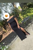 I wore this to a wedding and it fit so well. It was too long so I got it hemmed. I probably could've done a large instead but have some baby weight so I ordered a size up. Very comfortable and not too hot even though it was a thicker material. - Jasmine B.