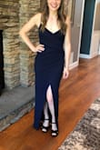 I bought several dresses to try on to match my husband who was best man in a wedding. The other ones didn't fit right so I ended up with this one. It was pretty nice. It bunched a little weird on my right hip where the left breast piece crosses and is sewn into the right hip. It may be because I am between sizes so it was pulling a but, but the small would have been too big. The worst part of this dress is that it does not have adjustable straps! - Kristy W.