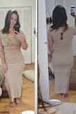 This dress is sexy but still classy! Fits a smaller bust without billowing out when you bend over. I typically wear a medium shirt size but lulu dresses I buy a large (unless they are sweater dresses or have a lot of stretchy fabric,then I buy medium). I ordered medium first but returned for large as the mid elastic at waist was too tight and wasn't as smooth. I have an hourglass shape and felt this dress looked perfect on. - Kathleen S.