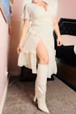 I bought this to wear to a dinner party celebrating our elopement in October. It looks pretty from every angle. The texture, the ruffles, the thigh split, and the asymmetrical hem are all fun details. I also got the cream-colored boots from Lulus and love the monochromatic look. Will probably add a cream moto jacket for the cooler evening temps. Love this dress. - Michele H.