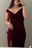 I wore this to my fiancés military ball and got a lot of compliments! The material is super nice for the price, it looks fantastic, the slit isn't too high for me, and the length of the dress was great. The color is exactly what was pictured - a lovely burgundy. It just looks a bit darker in the pictures cause of lighting. I was a little worried about the straps being too tight around my arms throughout the night but I had zero issues. I definitely love this dress! - Brooke A.