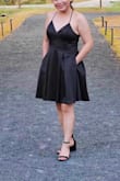 Initially, I wore a small in this dress but I found it too tight so I exchanged it for a medium. However, the medium size also runs big on me. I just did some alterations and it was perfect! I like the dress, especially the pockets. - Angelica P.