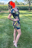 I originally bought this dress in pink as a small, but it was too short. They did not have the pink in medium, so I purchased this navy one in medium. The gold pops! The quality is great! It is extremely short so be prepared to show off your legs. Received many compliments! Such a fun dress! - Anna P.