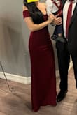 I almost got a M but am so glad I got the S. The size predictor said I should be a small and I'm glad it was accurate! Just a beautiful dress. Barely touched the floor with 2.5" heels. Nice, thick material so it's very flattering all over. Just perfect. In white, it could be the base of a wedding dress for sure. Sorry there's not a better pic of the neckline, but it's also very pretty and flattering. - Danielle G.