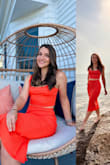 This is the perfect set for a beach vacation/date night/girls' trip! I ordered a Medium and it fits perfectly and is very flattering. I usually order a size small or medium from Lulus in the dresses depending on the sizing I read about in the reviews. I carry more weight in my lower half and since this is a very fitted skirt, I went with medium and it was perfect. It's a ribbed and stretchy material. I want it in all the colors! - Katie E.