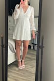 Love this dress and I'm wearing it for my courthouse wedding. I'm pretty tall and it's almost too short but it works! Somewhat see-through. I tried white shorts and could see the outline but nude underwear wasn't visible! A great dress with a beautiful pattern. - Alexandra D.