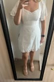 I ordered this for an all-white-themed welcome party, and it fits well! I'm 5'7", and it is a little short. I'll need to be careful when leaning over and if it gets windy. Overall, it's exactly what I was looking for. Very flattering. - Maggie W.