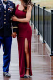 I wore this dress for a military ball and loved that I didn't need to get it hemmed! It was the perfect length with 3-4" heels. My only complaint is that for a larger bust, it's hard to wear a strapless bra without peeking through the cutout on the side. - Clara W.