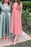 I am usually a size XS but sized up to a small as I am 20 weeks pregnant. I also had to get the bottom hemmed to actually have the length fall mid-shin and be an actual "midi" dress on my short legs. Being pregnant, the dress was super comfy, and I loved the pockets. - Danielle B.