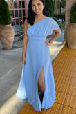 I wore it as a wedding guest at a summer wedding in Southern California. It was super lightweight which meant I was extremely comfortable and secure, never needed to adjust it. The periwinkle color was a standout, true to the photo. The slit is not too high or revealing. This dress looks good with flats or heels. - Surabi J.