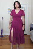 Very cute dress, fits nicely. I would say it's true to size. I usually wear 10-12 or Large, and the Large fits me perfectly. I'm 5'5", and it comes down to around the calves. It shows some cleavage so keep that in mind. I'm gonna use a safety pin to make it less revealing on the top. The fabric is nice and light. - Aidana A.