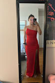 I love this dress! I'm typically a size 8-10 and got a medium. It just fits. I could've done a large, but I wanted it to be form-fitting. The slit on the leg is a little too high in my opinion (just personal preference), but I felt beautiful in it. I'm 5'6", and the dress touched the ground but works well with my two-inch heels. - Alison L.