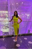 I bought this outfit for a Vegas trip and it was perfect. Material is a good thickness, and it fits perfectly. This slit is pretty high when you're walking, but great for a night out. - Dawn B.