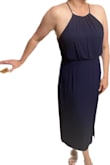 I have been searching high and low for a wedding guest dress. This one really fits the bill. For one thing, it mostly covered the tattoo in the middle of my back that I hate. It was loose on top and had zero cleavage. That's what I wanted for a family wedding. I used these adhesive lift things I got at TJ Maxx for a bra, otherwise, I think it needs a strapless bra and I don't like those. I felt like it was classy and pretty. I love a navy dress with silver strappy heels! As to size, Lulus insisted I'd be a medium! Very happy I ordered a large. - Katie M.
