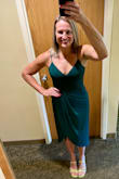 After buying and returning a few LuLus dress options, I finally found the dress that was ABSOLUTELY perfect for my sister's early fall wedding! The Reinette Dark Green Midi Dress was absolutely flattering and perfect in every way. The dress was form-fitting at the top/waist but flows out. It was perfectly lightweight, and the fabric was smooth and flowy! I cannot believe how many compliments I received on this dress all night long. And the green... it was a hit! The only issue I had was sitting in the chairs at the wedding ceremony, as the dress split is perfect but drapes open if you don't tuck the two parts between your legs when you're seated. I had to tuck it carefully to avoid adding any wrinkles to the fabric. Other than that, I LOVE this dress and want to buy it in more colors! I wore this dress braless and with just a pair of undies. If you prefer to wear a bra or some form of "spanx" body smoothing undergarment, you will want to size up to a medium. I hope this review helps you! - Lindy M.