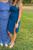I LOVED The color and neckline of this dress- as others have said- the slit is a bit high but it wasn't bad, I am tall and found this dress to be a good length! - Ashley H.