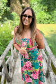 Took this dress along for my recent trip to Epernay and wore it for a visit to Moet. What a perfect dress for my pics in the gardens there! The colors are gorgeous, and the dress compliments my curvy figure nicely. It is also machine washable, making it a great ROI [return on investment] when you're packing for a 3 week trip because you can wash and wear multiple times. - Saroja W.