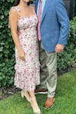 Obsessed with this dress. First time wearing a print to a wedding and received many compliments. Loved the color and different design elements to dress. Note- ties at the shoulder are functional. I'm normally a size medium but ordered a large as I am 4 months postpartum. The large fits great! - Lauren B.