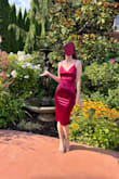 I LOVE this dress. Fits like a glove, not too low or short. You still get the fabulous flare without feeling over-the-top at a wedding. The material is just as pictured, shiny and gorgeous. Highly recommend!! - Darcy G.