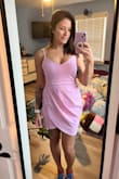 I got this dress to wear for my best friend's bachelorette party. I am so excited. It looks so good, and the shape is very flattering. I was expecting it to be very thin based on some of the reviews, but I think the fabric is actually nice quality. I am able to wear a strapless bra with it, and it is just the perfect pink color! One flaw is the straps are the tiniest bit too long and not adjustable. - Samantha M.