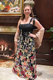 I ordered this dress for an Indian wedding, and it is gorgeous! I read the reviews saying it ran small so I ordered an L to be safe (I have a larger bust and hips). It fit comfortably and was not tight at all. The flowers are beautiful! My only complaint is that the straps are thin and somewhat flimsy. I may consider adding some sturdier straps under the current ones, just to add some strength. All in all, a great dress for a formal wedding or event! - Leah H.