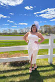 This was a perfect dress for my Kentucky Derby-themed bridal shower! I received so many compliments! Fair warning, the slit is HIGH! I was wondering if it would be too high but my seamstress threw in a little stitch to hold it together and I was way more comfortable! - Emily A.