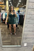 I used this dress for the quinceañera mass in size Medium. I'm 5'6 and around 165 lbs to 170 lbs. I have big boobs and curvy, 36 DDD. Yes, I did wear a bra, the SKIMS DEEP PLUNGE SHAPEWEAR BRA. The cleavage of the bra was still showing and so was the back part of the bra. I often found myself pulling the dress down too as it kept going up, but if I was to go up a size, then the dress would be too big in the cleavage. In general, it is bigger in the cleavage and a shorter skirt. - Angelica K.