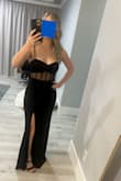 This dress is wonderful! The fabric is nice and thick, stretchy, and comfortable. It is so flattering with the mesh and slit, and the adjustable straps should make it easy to fit most bust sizes. I'm on the shorter size, so it was just touching the floor with 4" heels. - Terra R.