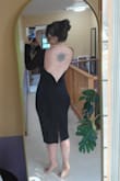 This dress is amazing. The fabric is just right for this shape of the dress too; it's thick but stretchy. I ordered large because that was what the Lulus program was telling me. I think a medium would have also worked since the fabric has a little give. I think the front could have a little more going on since it does look too serious compared to the back. But overall, it bangs! I am going to be wearing this out on a date night after my wedding. - Dina L.