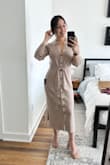 Love the dress! It looks exactly like the pictures and the material doesn't feel cheap. I am an in-between size, more than often, so I tried a S and an M. The S fits great while still giving room to breathe! I probably could have gone with an XS if I wanted a tighter fit because the material has a really good stretch to it, though if bigger busted the material around the buttons will definitely give "peepholes". - Diana Z.