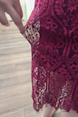 I bought this dress for my Husband's promotion ceremony, on the morning of the event after getting ready, I noticed a large rip in the lace in the back of the dress I hadn't noticed when I tried it on. I didn't have a backup, so I wore this one anyway, Thankfully the tear was in the back lower part and not noticeable from the front. I am super disappointed because the dress is beautiful and fits like a glove and I was looking forward to wearing it often. - Kristine R.