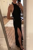 I absolutely love the cut of this dress. It's perfect for a small-chested woman. If you have bigger boobs, they're probably going to fall out the sides. The slit is the perfect length. I don't feel like I'm going to expose anyone but I'm also 5'10" and I'm wearing 3 inch heels in the pics. My biggest complaint is that it's super cheap material. Threads are already fraying and the seams look terrible. I'm pretty disappointed because I've gotten some great dresses from Lulus, but this really missed the mark on the material. I'm just hoping it holds up for this wedding. I will say the waist is small and there's a lot of room in the breast area. The xsmall doesn't quite fit right, but the small would be worse I think. It's definitely made for someone with 34-24-34 measurements. It's a super elegant dress. It's a shame they used cheap material. - Heather O.