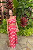 This two-piece dress was perfect for a Luau during my vacation in Hawaii! I liked the orange color, pattern, and the flattering fit. I normally wear a size small but only an XS was available and it fit pretty well. My only complaint is that one of the elastic bands in the strap came detached before I even wore it so I had to sew it back on. Also, the skirt was extremely long so I had to get it hemmed and that added to the cost. Also, it came with quite a bit of loose threads. It was still the best option out of many dresses I tried! - Theresa W.
