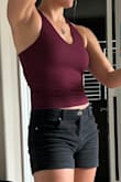Rich wine color, soft and comfortable material. This is a great basic for warmer and cooler months, both. Wears best with a racerback bra. Love it! - Carley J.