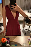 I have a similar fit to the model in the dress (minus the height) so I guided myself to order the same size she is using, and it fit perfect. The dress is long, but with super high heels, works perfect for me. Nice material, nice color, and it arrived sooo fast. - Frances L.