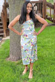 I wore this to an outdoor wedding. I absolutely loved the look and feel of this dress. The colors of the flowers really popped and I loved the ruching near the tummy area. My only critique was that I had to be careful when the wind blew due to the split in the front of the dress. - Debby A.
