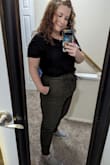I have this same pair in black. This green pair runs smaller, and the buttons barely stay buttoned. I already wore it to work so I figured I couldn't return it. I am also working towards more weight loss, so I will probably keep them. It paired well with my Lulu's bodysuit - Casey W.