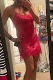 I really like this dress and it was pretty flattering too. It is too short for me and I would not be able to bend over at all while wearing this.
The other problem with the dress I received, the fringe was sewn into the zipper, so I had to pull it over my head to wear it. - Tasha Q.