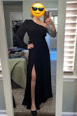 I absolutely love this dress! Most dresses are too long for my short legs so I did have to get this hemmed at the bottom. I'm used to that though. This dress hides my flaws in my midsection and the 1 sleeve makes it less witchy looking. Oh, and it's super comfortable. I'm usually a size 6 or Medium in dresses. This is a medium and it fits well. - Marcia G.