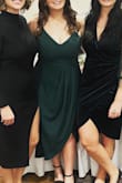 I'm 3 months postpartum and was on the hunt for a dress that would make me feel comfortable and flattering. After reading the comments, I sized up due to my already larger chest size (and needing some extra space throughout the night) so it was a little big in my waist, but I appreciated that it camouflaged my postpartum tummy! The only thing I would have changed would be to have the straps a little wider as by the end of the night, I was feeling like they were digging in. Otherwise, I was very happy with it! - Nicole A.