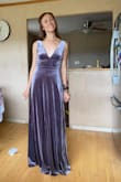 The color is as the photos show but maybe a little more lavender? The fit is consistent with other dresses. I'm a true Lulus XS. I was wearing heels and the length was about a half inch too long but that's not a major con. Wearing this as a bridesmaid's dress where the bride chose velvet as the unifier and it's bride approved! - Katey F.
