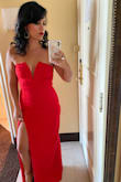 I'm 5'4" (sorry, don't know my weight!), pear-shaped, smaller chest, with wide hips. This dress fit me like a glove. It hugged me in all the right places and didn't MOVE (despite the low cut) all night while I was dancing like crazy. I felt so sexy and can't wait to wear it again. It was a bit long but nothing a high heel can't fix! - Daniela A.