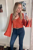 So cute! I love this shirt. I did size up to a medium because I didn't want it to be too cropped. With high-rise jeans, it's adorable! - Katherine J.