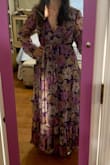 This fabric is so lovely in person, my photo doesn't do it justice. It also fit very well and was a good length with flats. The slit was great and not so revealing. I ended up wearing a different dress, just because it wasn't quite formal enough for my event. - Lara M.