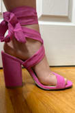 I got these shoes to wear for homecoming with my black dress. The heels and very pink, a bit more fuchsia than the pic but still such a pretty color. The tie is very comfortable and my feet didn't hurt at the end of the night. It's a must-buy for me! - Kiki M.